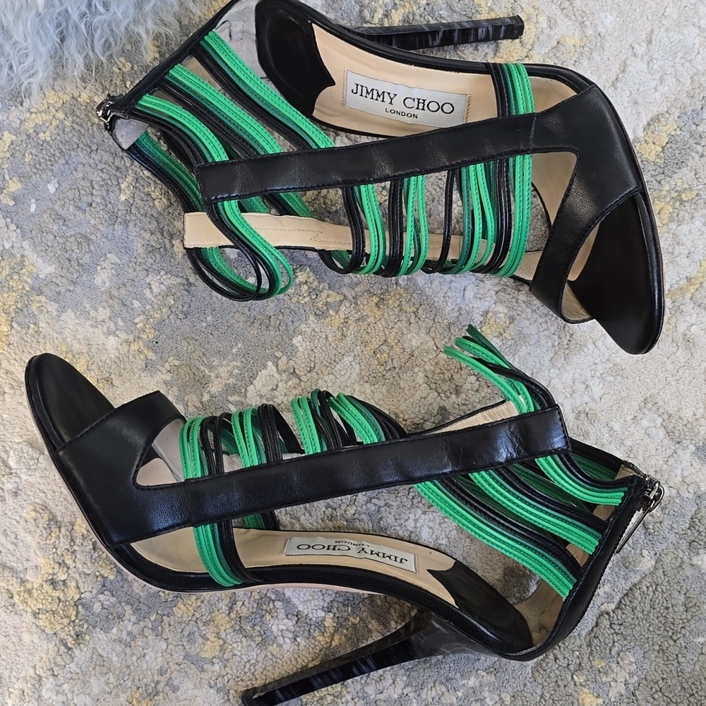Jimmy Choo Black/Green Leather Corsica Ankle Strap Sandals Size 37.5 - Picture 17 of 17